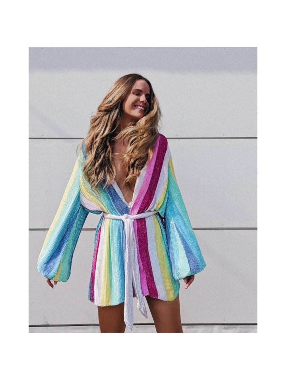 Retrofete Rainbow Striped Mini Gabrielle Dress in Pastel Multi